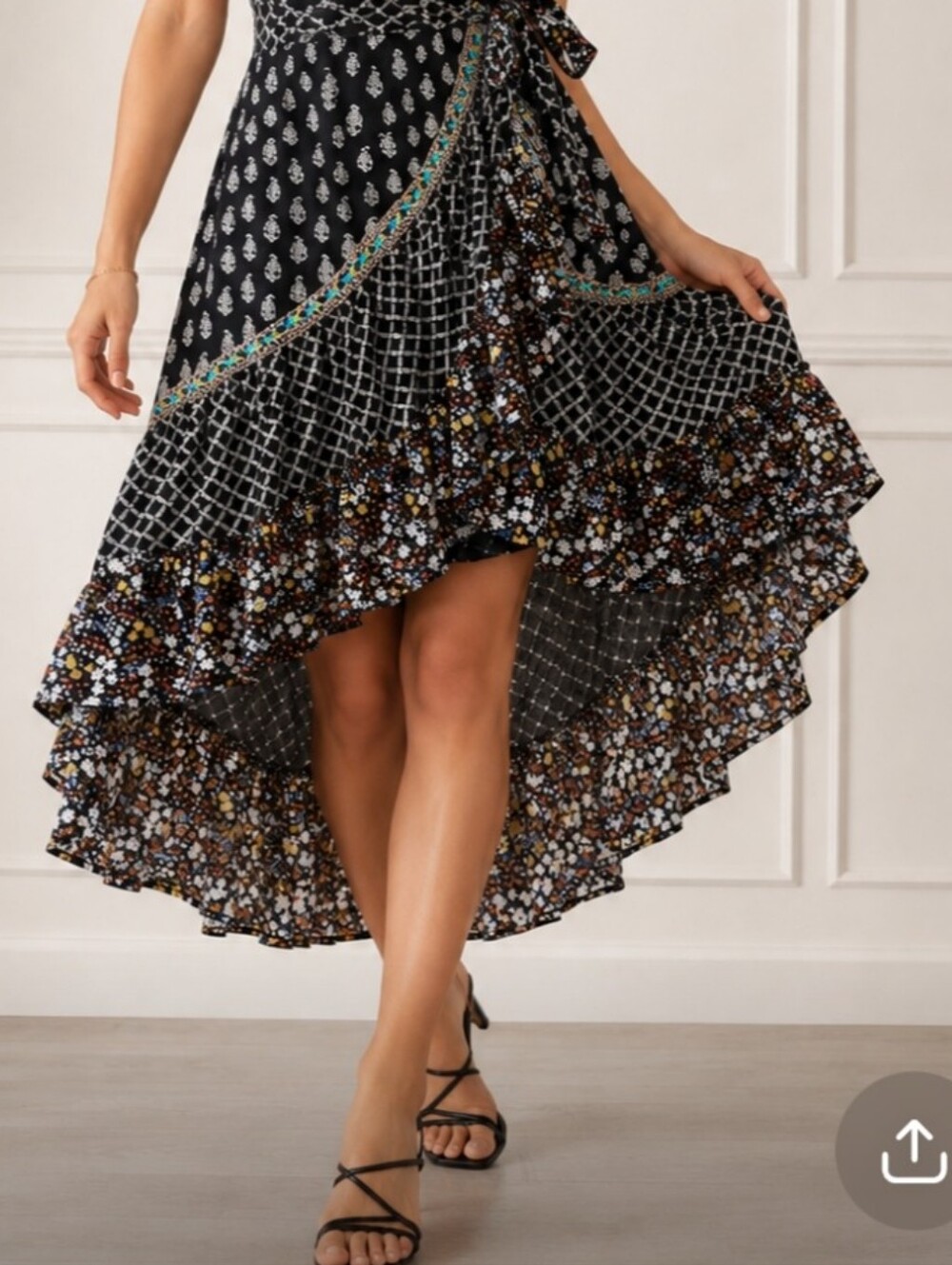 Flint & Moss Mixed Print Boho Ruffle Wrap Midi Skirt Black Multipattern Size L